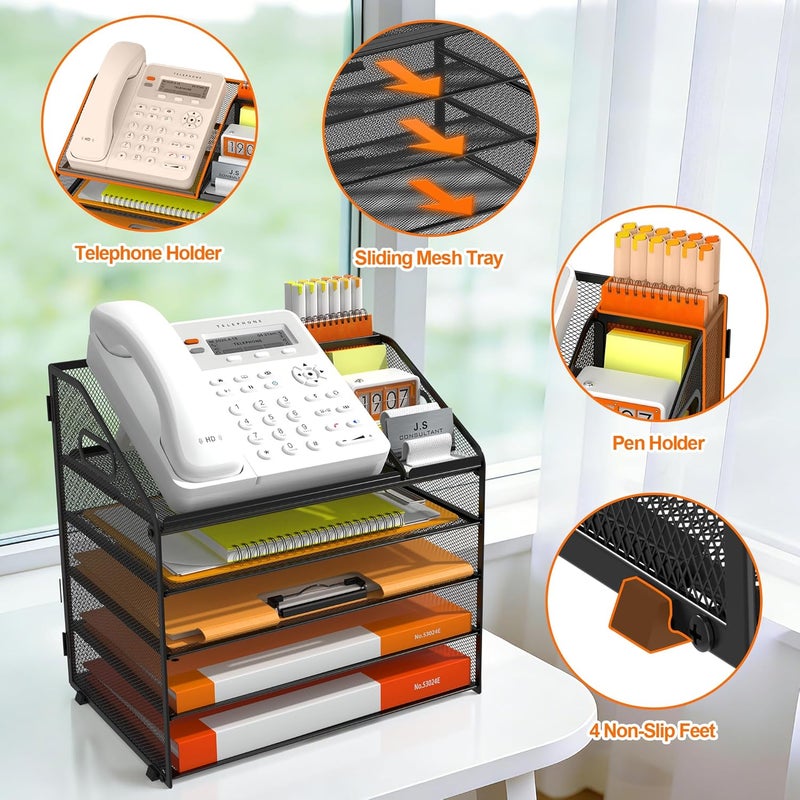 Docnest 5 Tier Metal Mesh Letter Tray - Space Saving Desk File Organizer with Handle, Pen Holder & Folder Holder - Desktop Document Sorter for Office, Home, School, Classroom - Black - Image 4